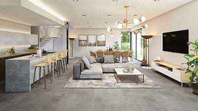 3D Model Rendering allows us to showcase an open plan dining, kitchen area
